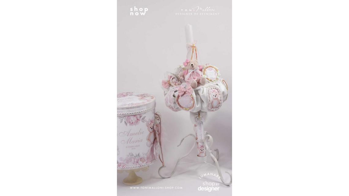 Lumanare de botez roz pal cu ursuleti de plus Teddy Bear Pink 2024 3
